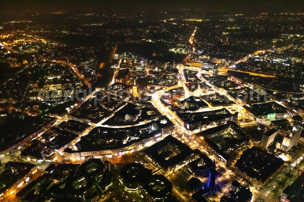 Bochum at night from above - Night lighting the city center in the downtown area in Bochum in the state North Rhine-Westphalia, Germany