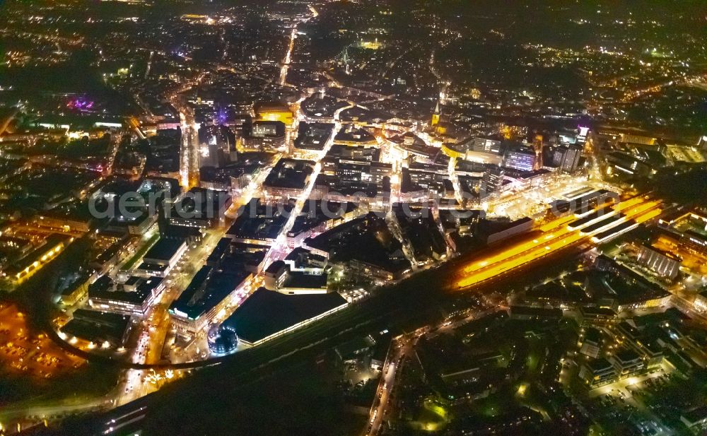 Bochum at night from above - Night lighting the city center in the downtown area in Bochum in the state North Rhine-Westphalia, Germany