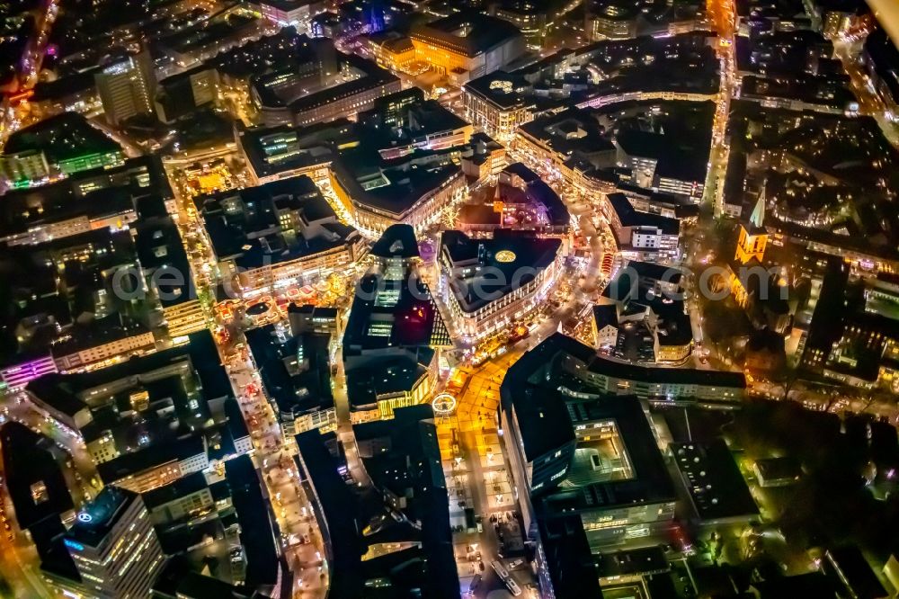 Aerial photograph at night Bochum - Night lighting the city center in the downtown area in Bochum in the state North Rhine-Westphalia, Germany