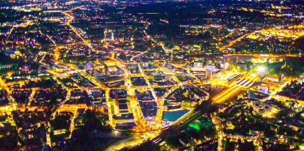 Bochum at night from the bird perspective: Night lighting the city center in the downtown area in Bochum at Ruhrgebiet in the state North Rhine-Westphalia, Germany