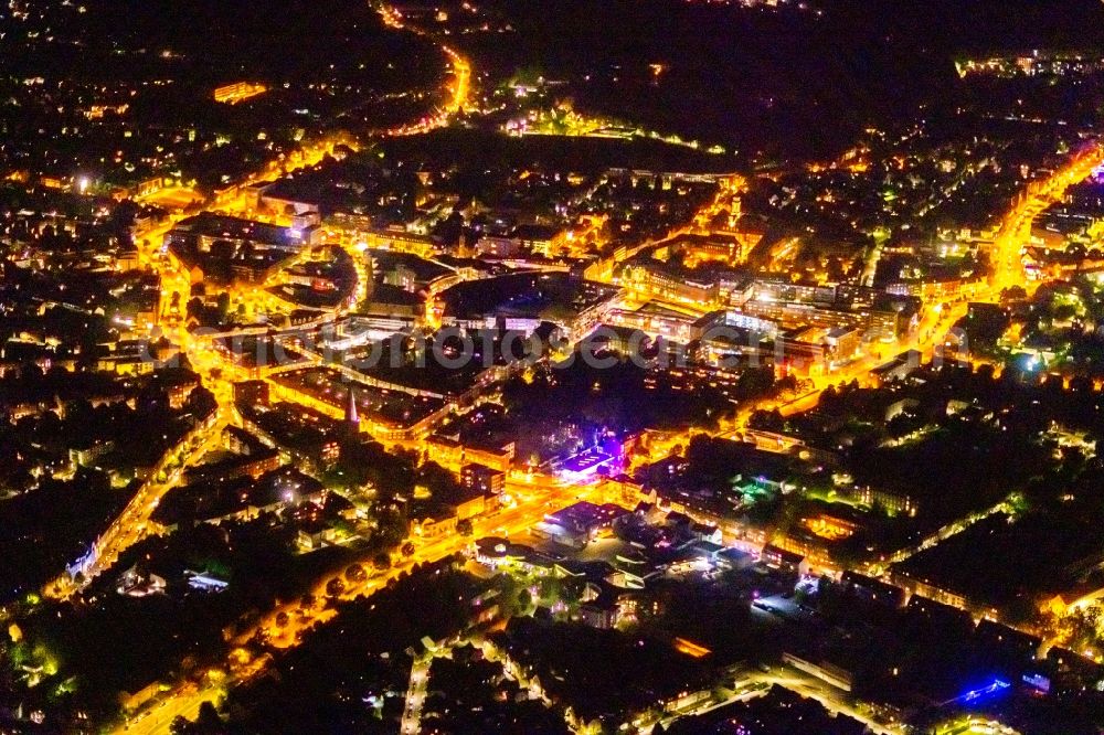 Bottrop at night from the bird perspective: Night lighting the city center in the downtown area in Bottrop at Ruhrgebiet in the state North Rhine-Westphalia, Germany