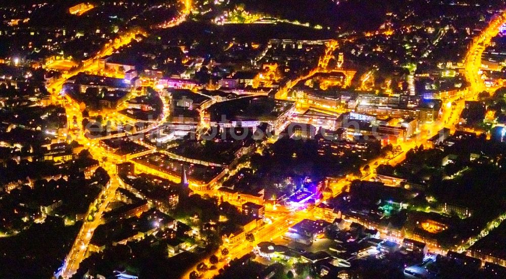 Aerial photograph at night Bottrop - Night lighting the city center in the downtown area in Bottrop at Ruhrgebiet in the state North Rhine-Westphalia, Germany