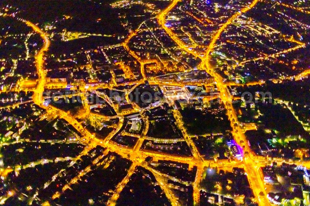 Aerial image at night Bottrop - Night lighting the city center in the downtown area in Bottrop at Ruhrgebiet in the state North Rhine-Westphalia, Germany