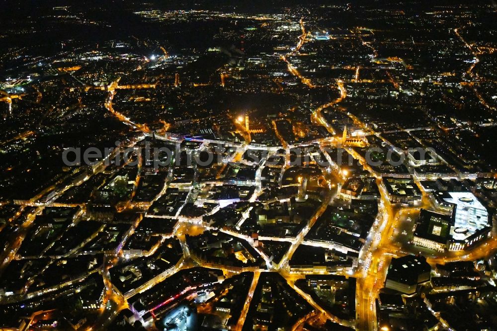 Aerial image at night Braunschweig - Night lighting The city center in the downtown area in Braunschweig in the state Lower Saxony, Germany