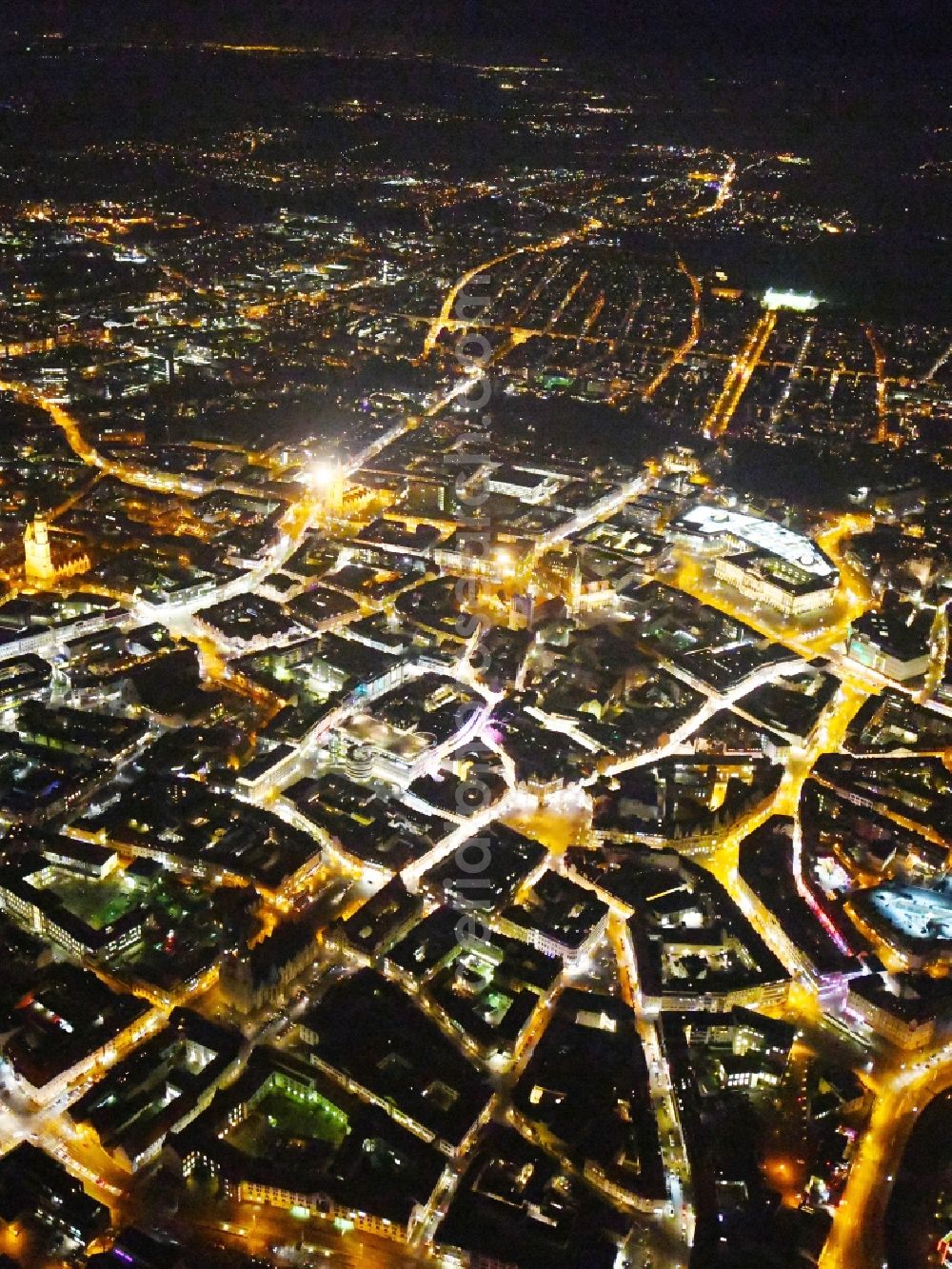 Braunschweig at night from above - Night lighting The city center in the downtown area in Brunswick in the state Lower Saxony, Germany