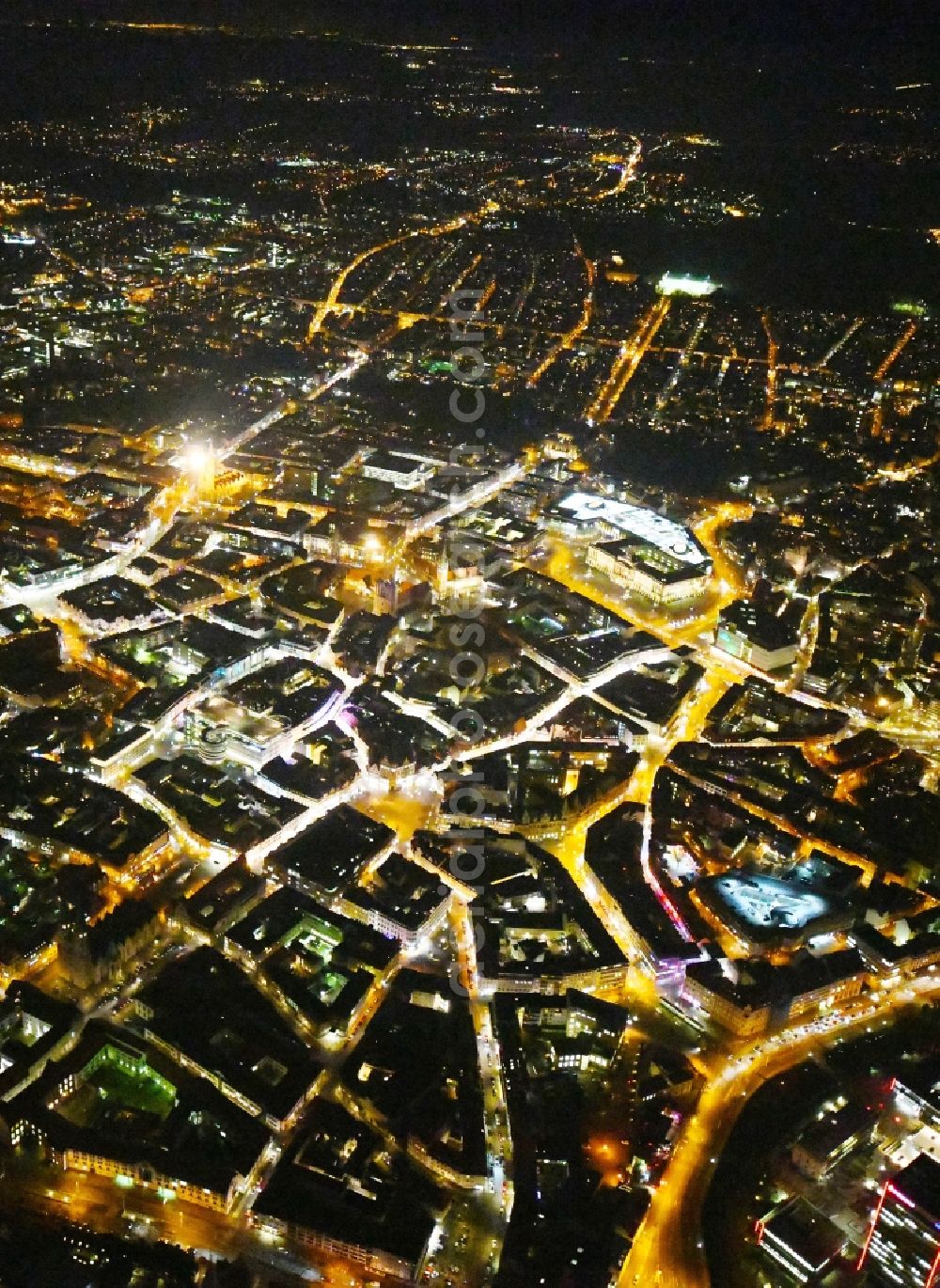 Braunschweig at night from the bird perspective: Night lighting The city center in the downtown area in Brunswick in the state Lower Saxony, Germany