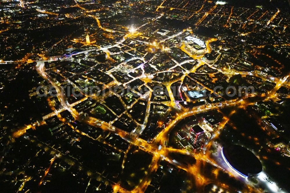 Aerial photograph at night Braunschweig - Night lighting The city center in the downtown area in Brunswick in the state Lower Saxony, Germany