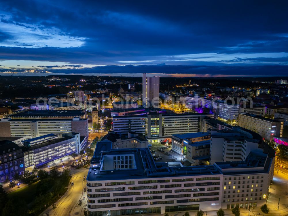 Chemnitz at night from above - Night lighting the city center in the downtown area on place Stefan-Heym-Platz in the district Zentrum in Chemnitz in the state Saxony, Germany