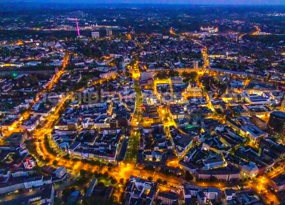 Aerial photograph at night Dortmund - Night lighting the city center in the downtown area in Dortmund in the state North Rhine-Westphalia