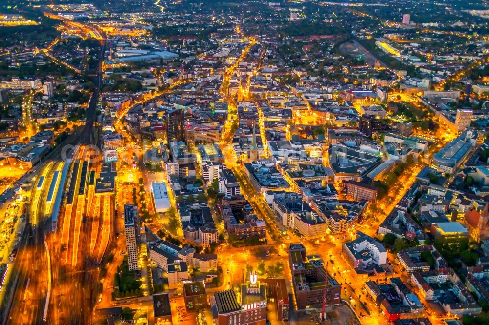 Dortmund at night from the bird perspective: Night lighting the city center in the downtown area in Dortmund in the state North Rhine-Westphalia