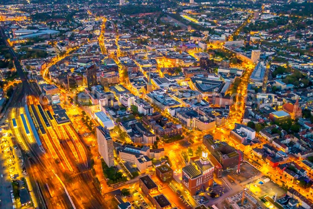 Aerial photograph at night Dortmund - Night lighting the city center in the downtown area in Dortmund in the state North Rhine-Westphalia