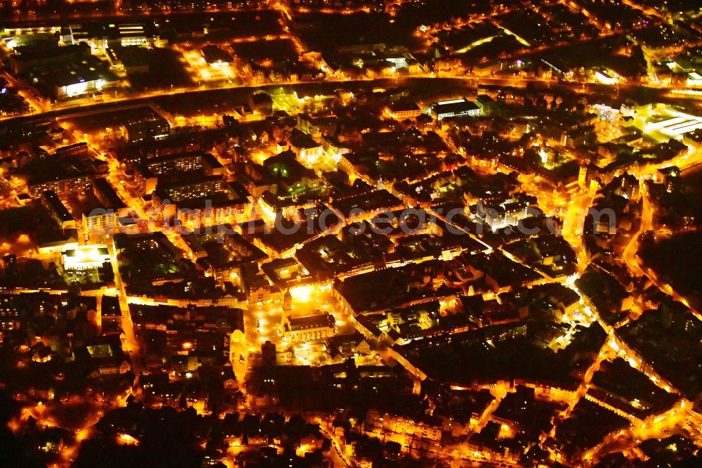 Aerial image at night Eisenach - Night lighting the city center in the downtown area in Eisenach in the state Thuringia, Germany