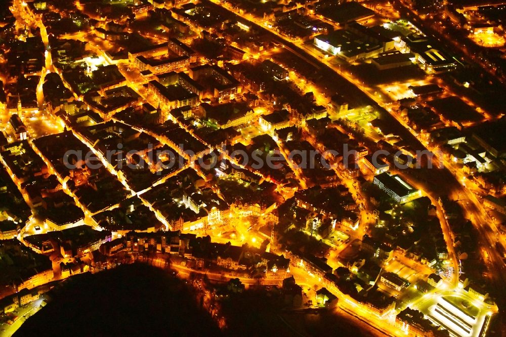 Aerial image at night Eisenach - Night lighting the city center in the downtown area in Eisenach in the state Thuringia, Germany