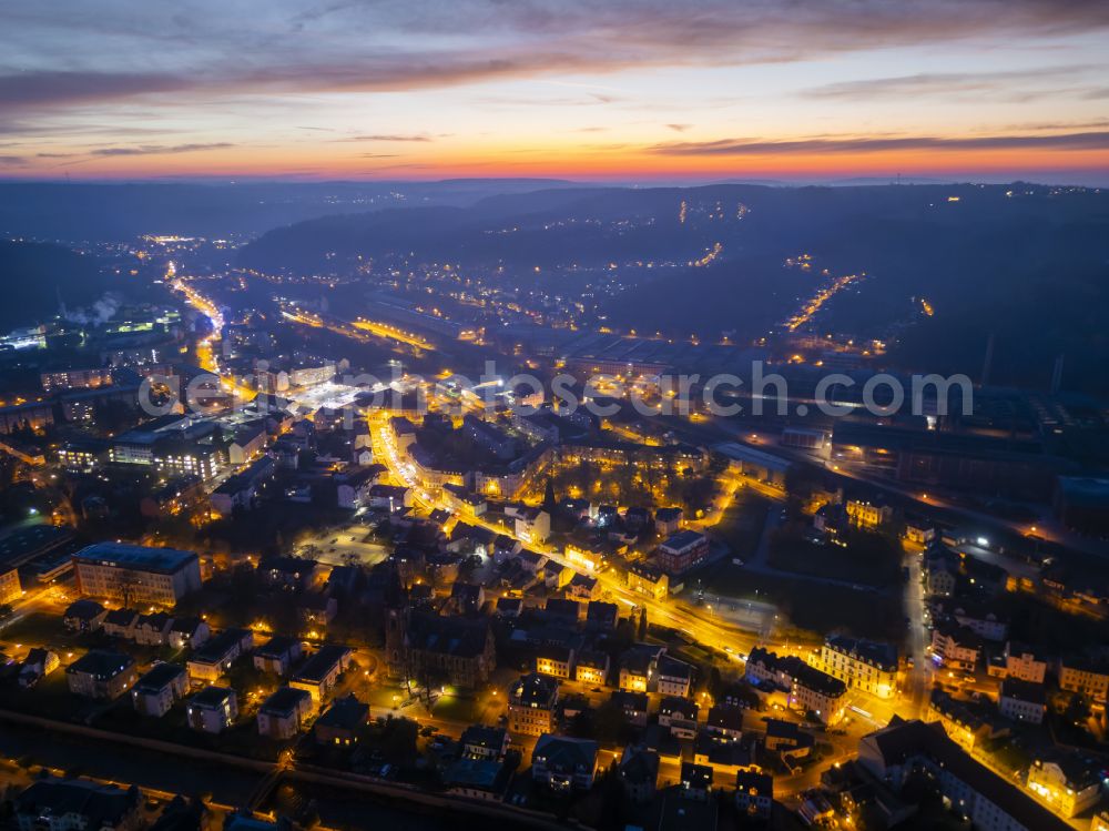 Freital at night from above - Night lights and lighting city center in the inner city area in Freital Deuben in the state of Saxony, Germany