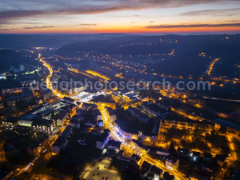 Freital at night from the bird perspective: Night lights and lighting city center in the inner city area in Freital Deuben in the state of Saxony, Germany