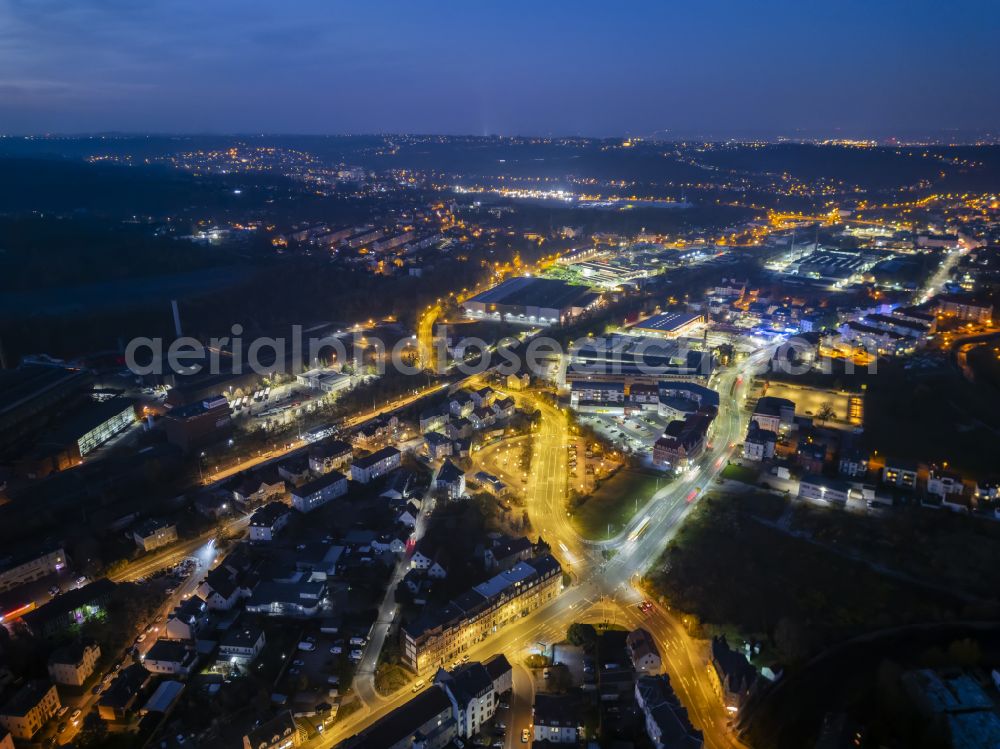 Aerial photograph at night Freital - Night lights and lighting city center in the inner city area in Freital Deuben in the state of Saxony, Germany