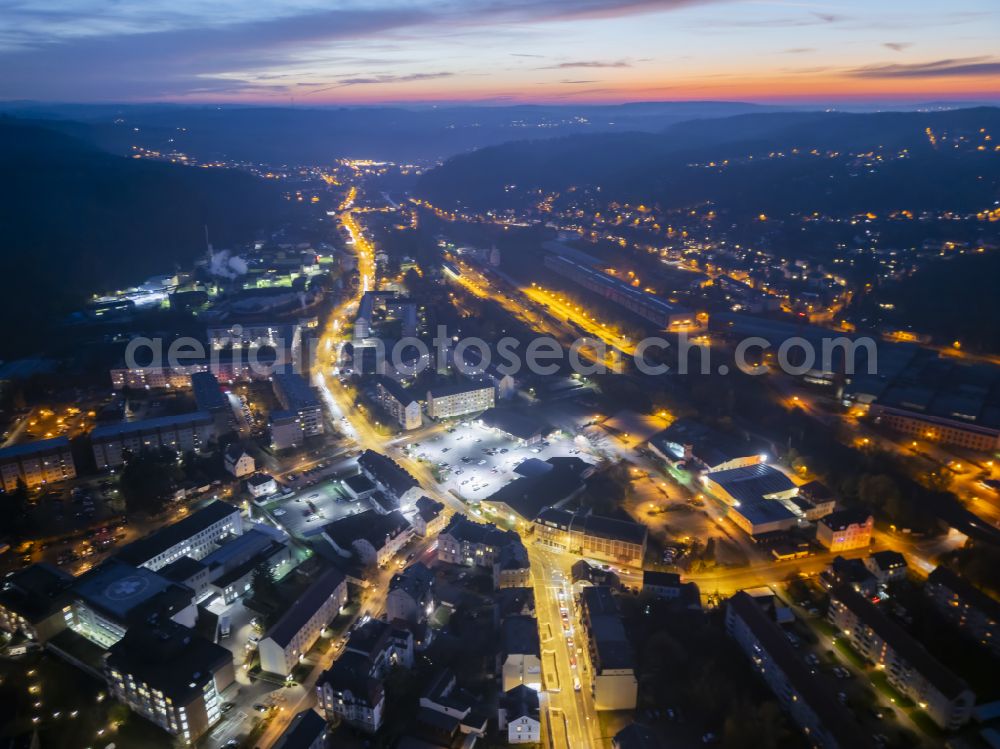 Aerial image at night Freital - Night lights and lighting city center in the inner city area in Freital Deuben in the state of Saxony, Germany