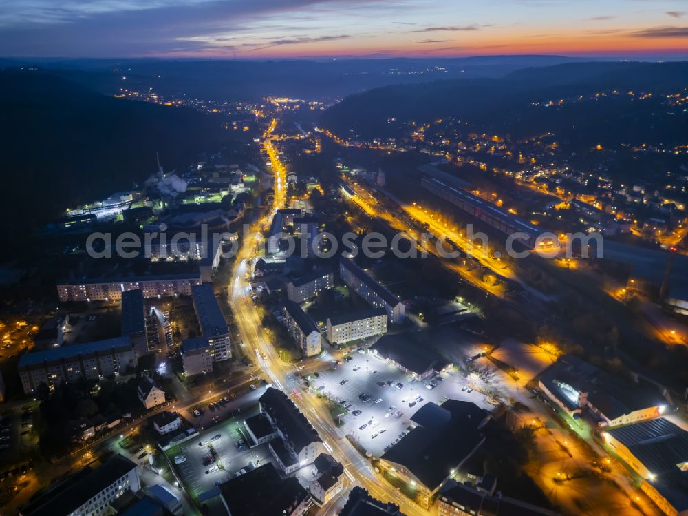 Freital at night from above - Night lights and lighting city center in the inner city area in Freital Deuben in the state of Saxony, Germany