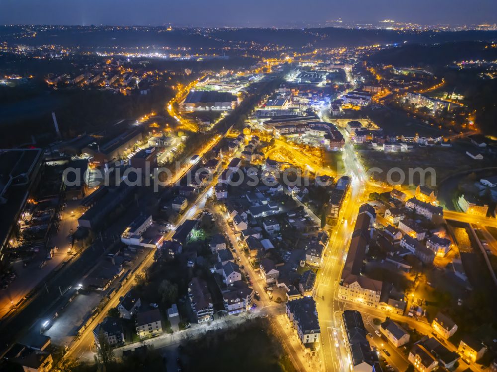 Freital at night from the bird perspective: Night lights and lighting city center in the inner city area in Freital Deuben in the state of Saxony, Germany