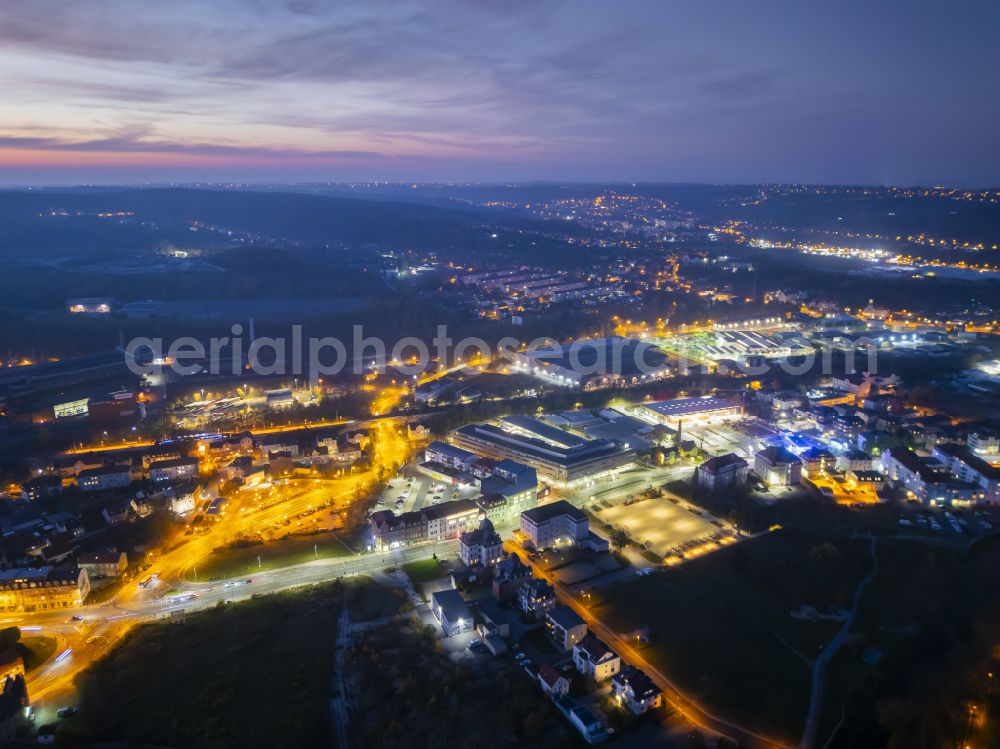 Aerial photograph at night Freital - Night lights and lighting city center in the inner city area in Freital Deuben in the state of Saxony, Germany