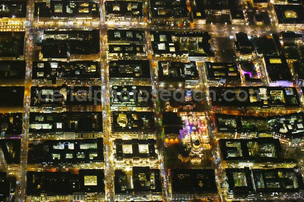 Aerial photograph at night Berlin - Night lighting The city center in the downtown area Friedrichstrasse - Gendarmenmarkt in the district Mitte in Berlin, Germany