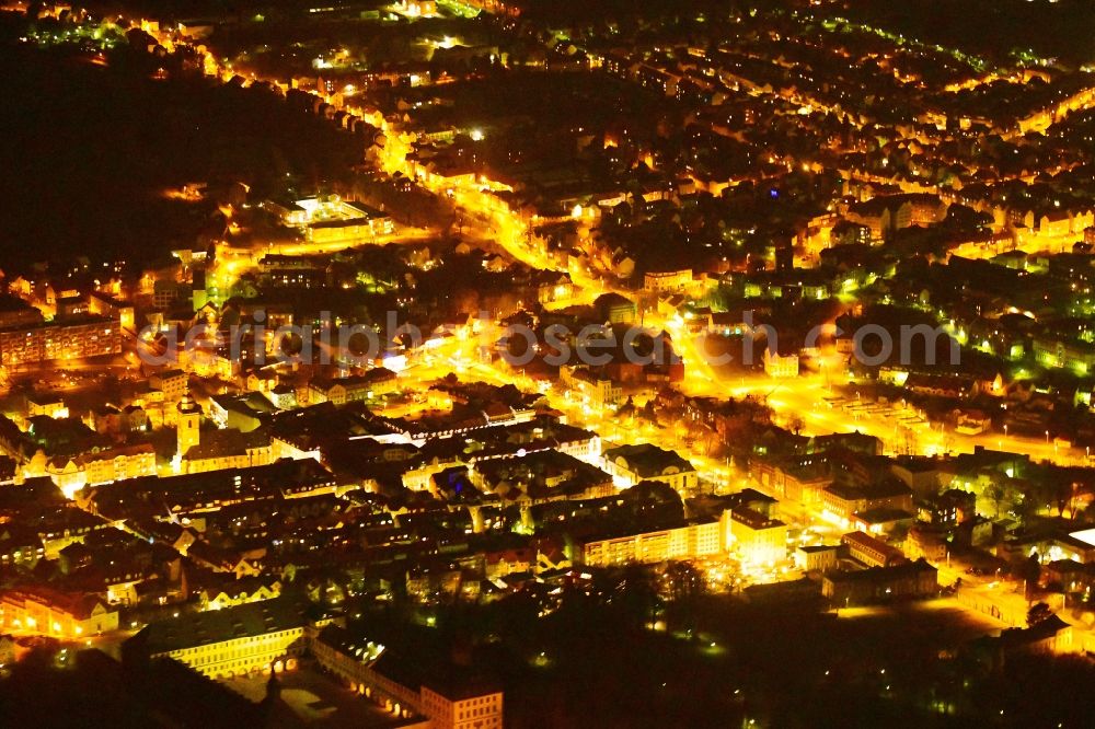 Aerial image at night Gotha - Night lighting the city center in the downtown area in Gotha in the state Thuringia, Germany