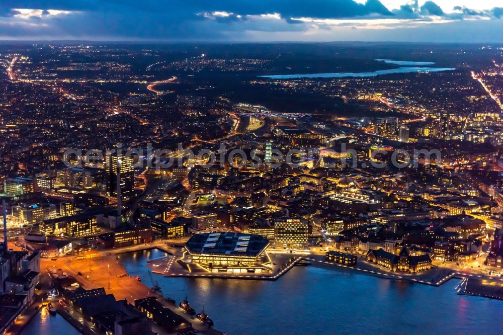 Aerial image at night Aarhus - Night lighting the city center in the downtown area on Hack Konpmanns Platz in the district Midtbyen in Aarhus in Region Midtjylland, Denmark