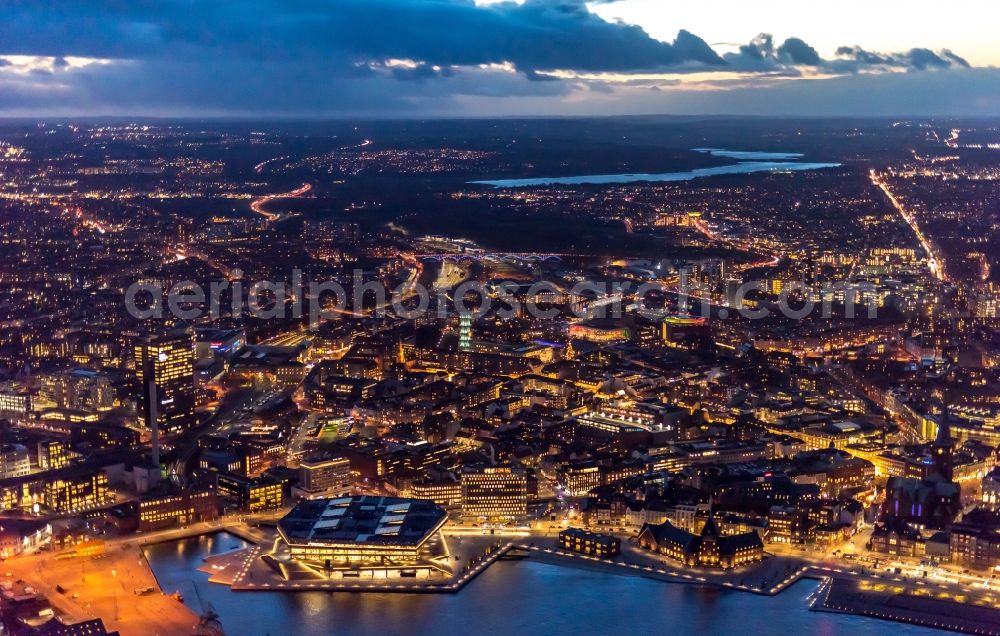 Aarhus at night from above - Night lighting the city center in the downtown area on Hack Konpmanns Platz in the district Midtbyen in Aarhus in Region Midtjylland, Denmark