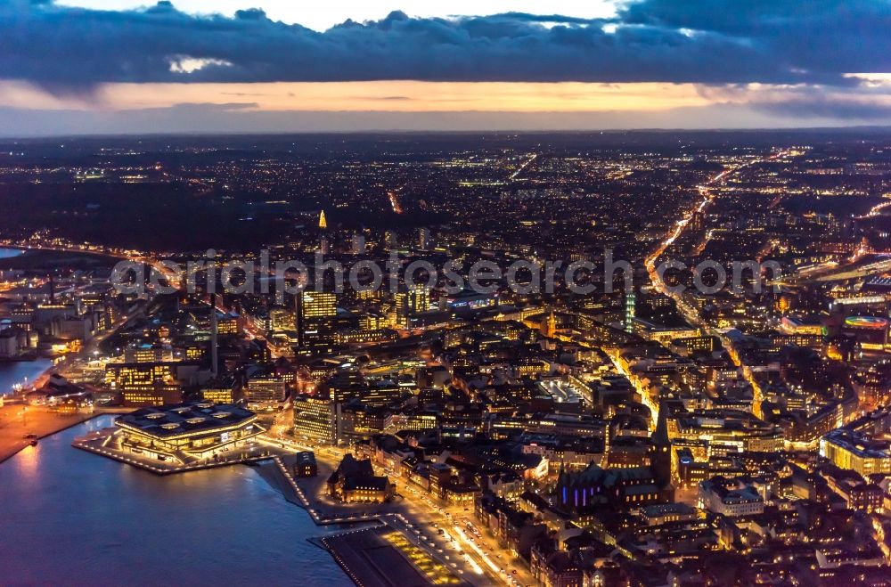 Aerial image at night Aarhus - Night lighting the city center in the downtown area on Hack Konpmanns Platz in the district Midtbyen in Aarhus in Region Midtjylland, Denmark