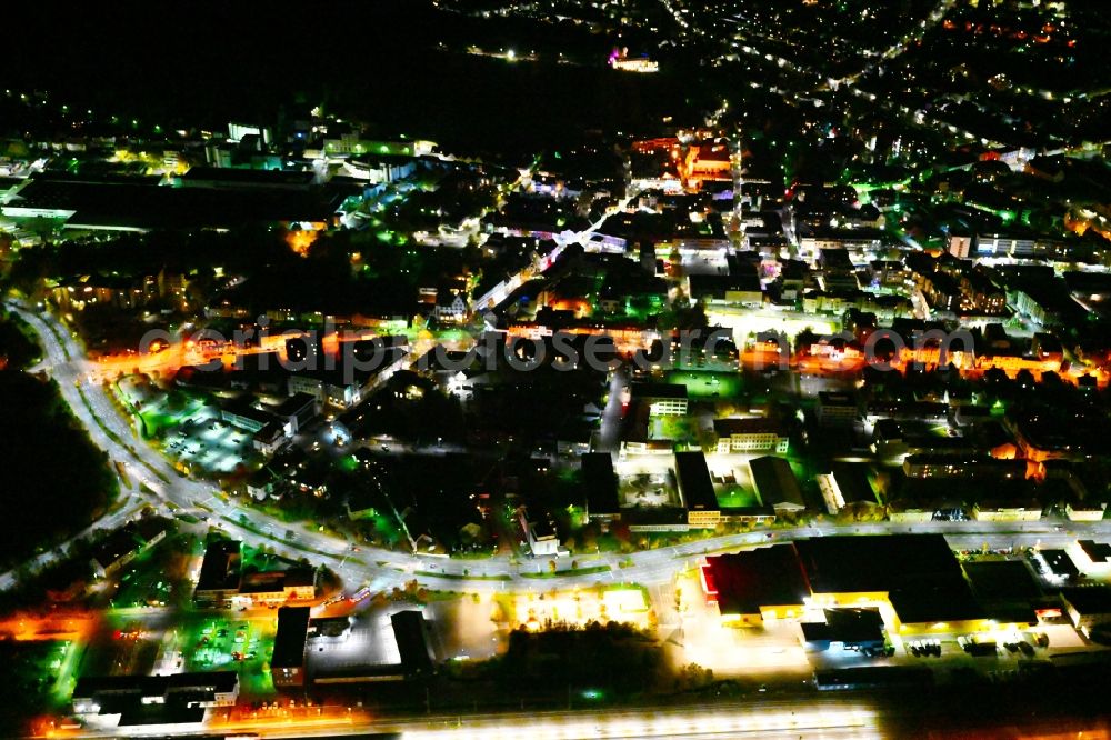 Homburg at night from above - Night lighting the city center in the downtown area in Homburg in the state Saarland, Germany