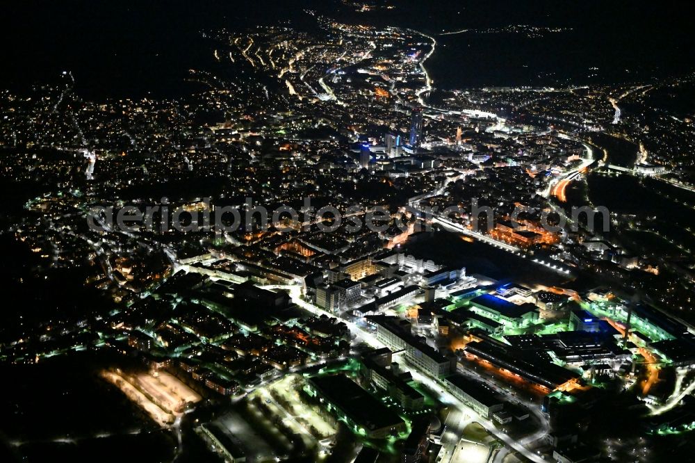 Aerial image at night Jena - Night lighting the city center in the downtown area in the district Lichtenhain in Jena in the state Thuringia, Germany