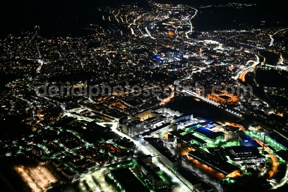 Jena at night from above - Night lighting the city center in the downtown area in the district Lichtenhain in Jena in the state Thuringia, Germany