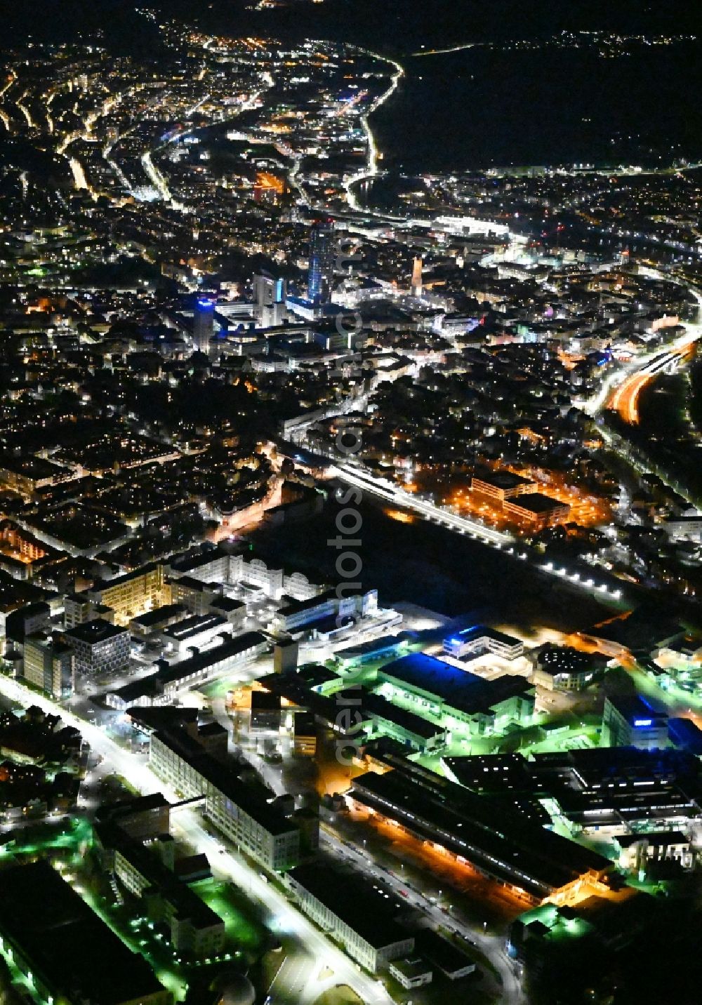 Jena at night from the bird perspective: Night lighting the city center in the downtown area in the district Lichtenhain in Jena in the state Thuringia, Germany