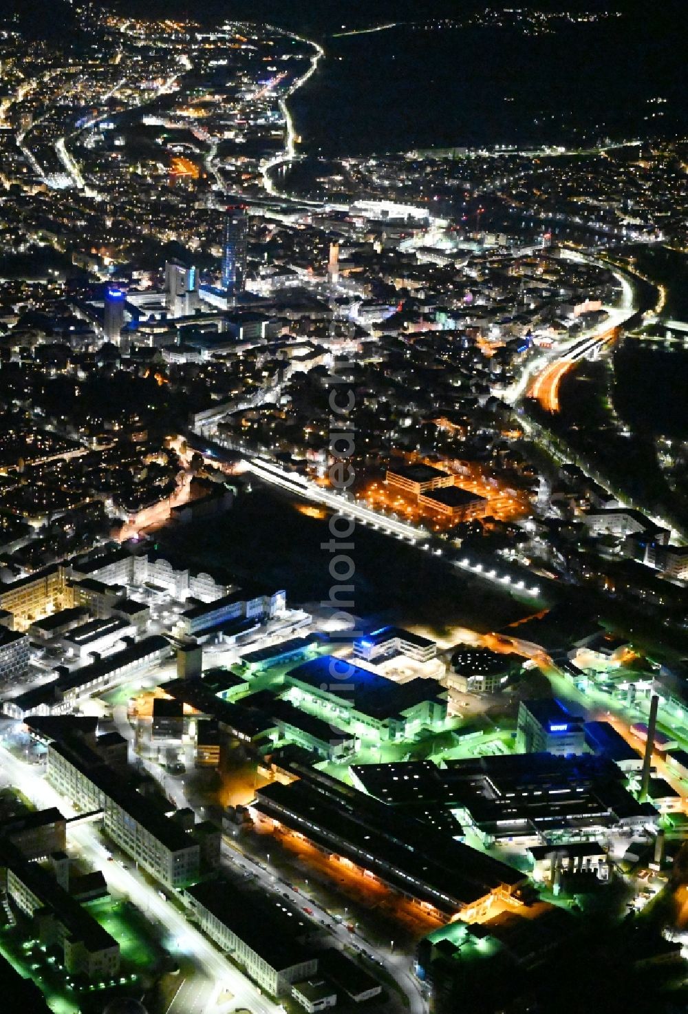 Aerial image at night Jena - Night lighting the city center in the downtown area in the district Lichtenhain in Jena in the state Thuringia, Germany