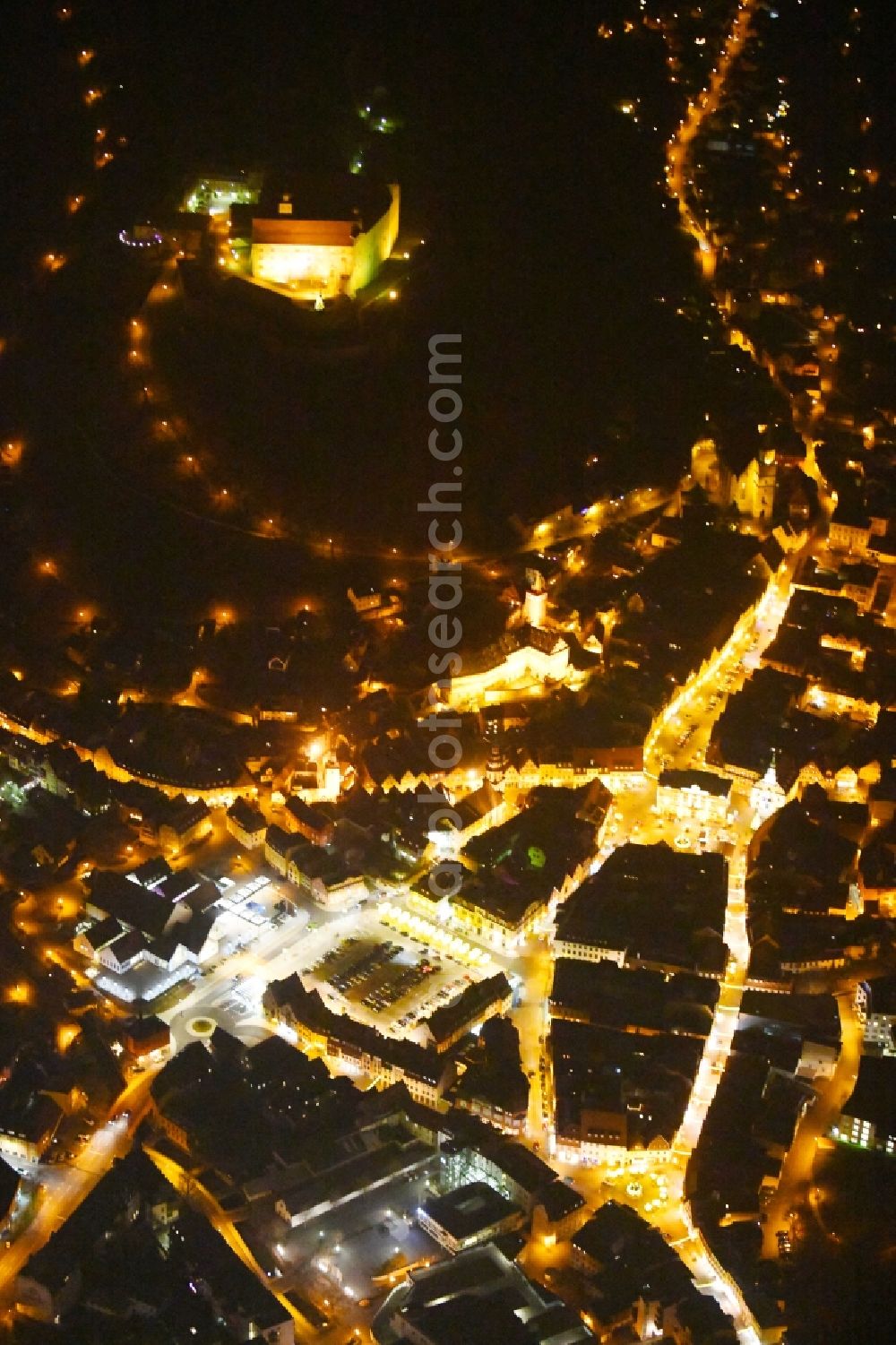 Kulmbach at night from the bird perspective: Night lighting The city center in the downtown area in Kulmbach in the state Bavaria, Germany