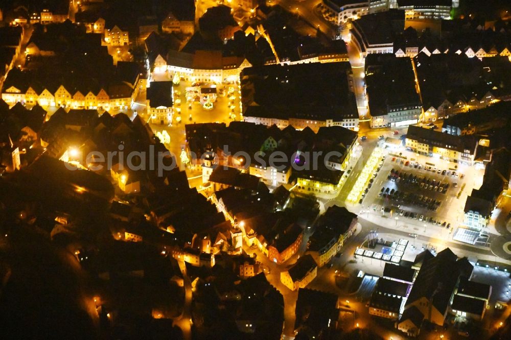 Aerial image at night Kulmbach - Night lighting The city center in the downtown area in Kulmbach in the state Bavaria, Germany