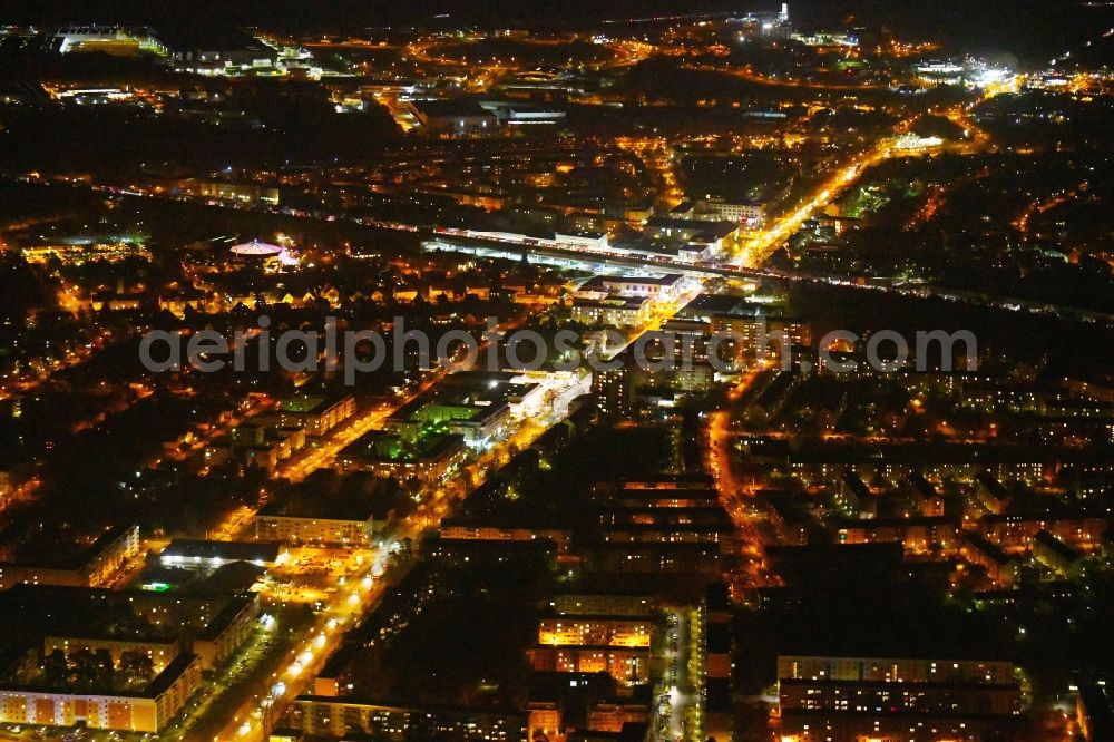 Aerial photograph at night Ludwigsfelde - Night lighting The city center in the downtown area in Ludwigsfelde in the state Brandenburg, Germany