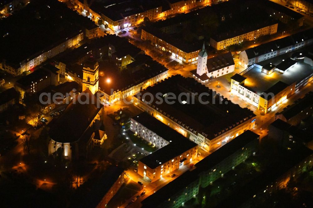 Fürstenwalde/Spree at night from the bird perspective: Night lighting The city center in the downtown area with the St. Marien Kirche and the Altes Rathaus in Fuerstenwalde/Spree in the state Brandenburg, Germany