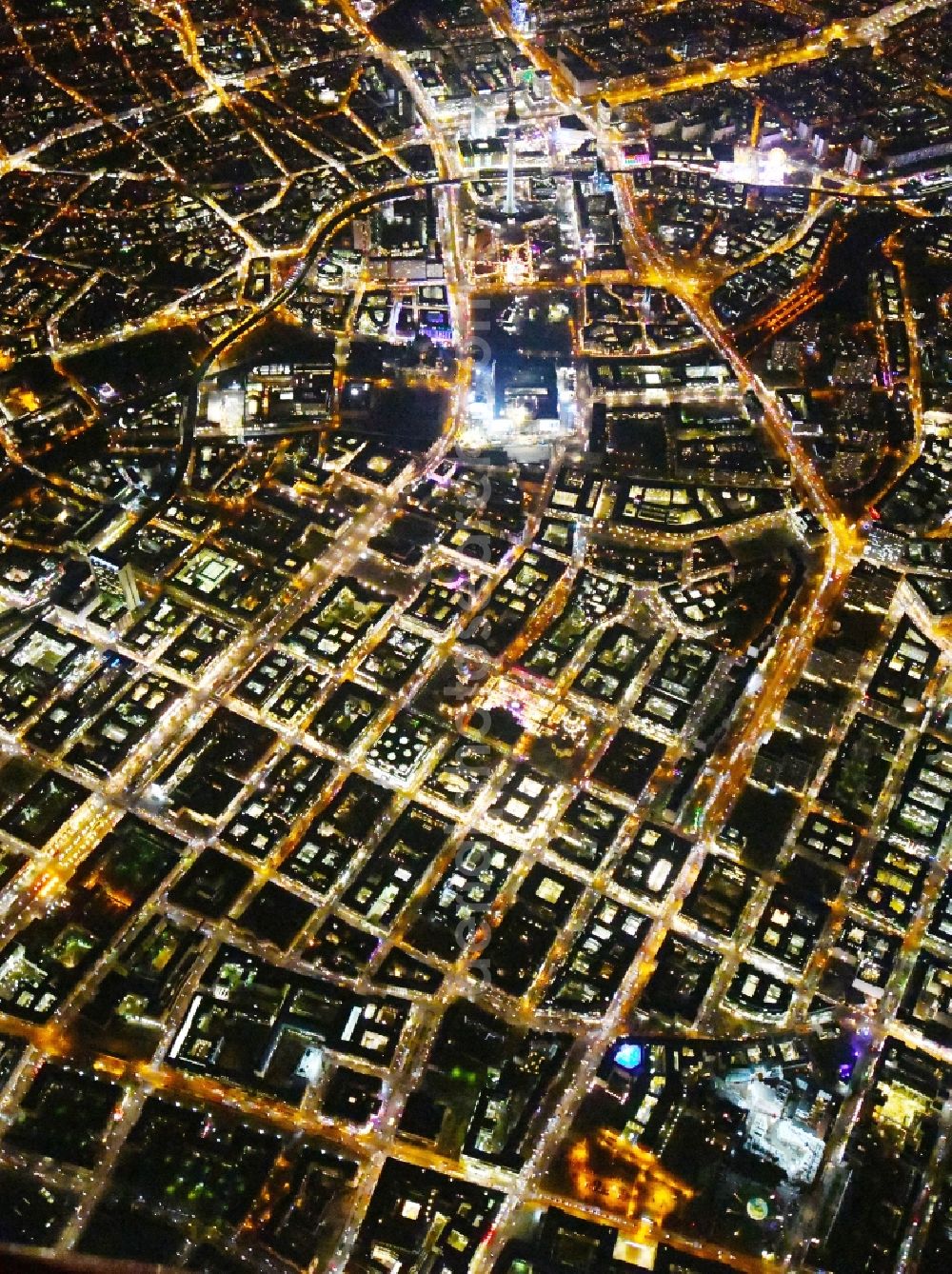 Berlin at night from the bird perspective: Night lighting The city center in the downtown area Unter den Linden Friedrichstrasse Leipziger Strasse - Alexanderplatz in the district Mitte in Berlin, Germany