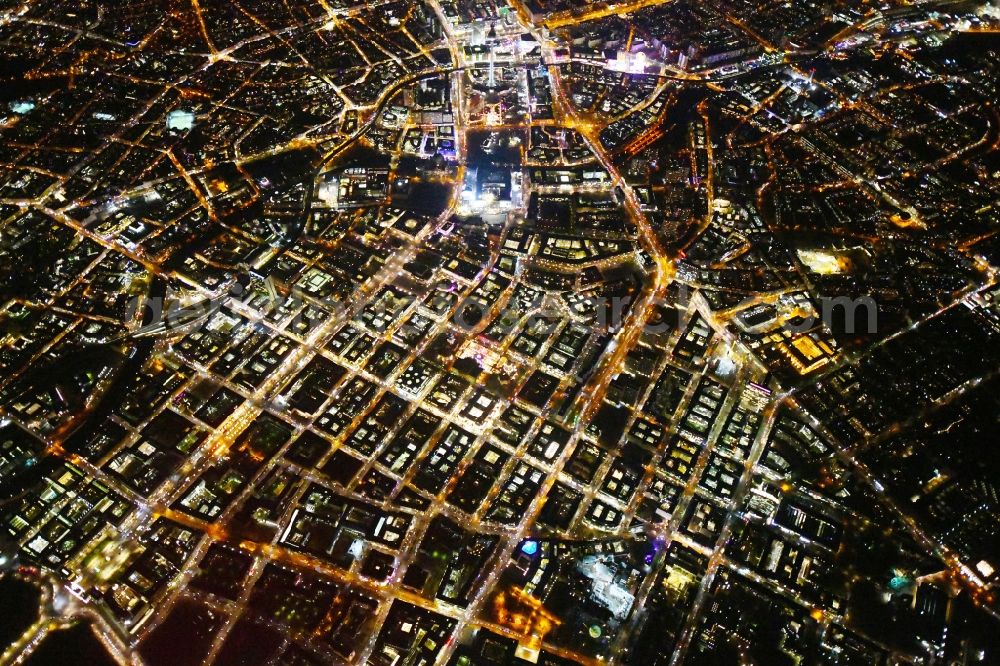 Aerial photograph at night Berlin - Night lighting The city center in the downtown area Unter den Linden Friedrichstrasse Leipziger Strasse - Alexanderplatz in the district Mitte in Berlin, Germany