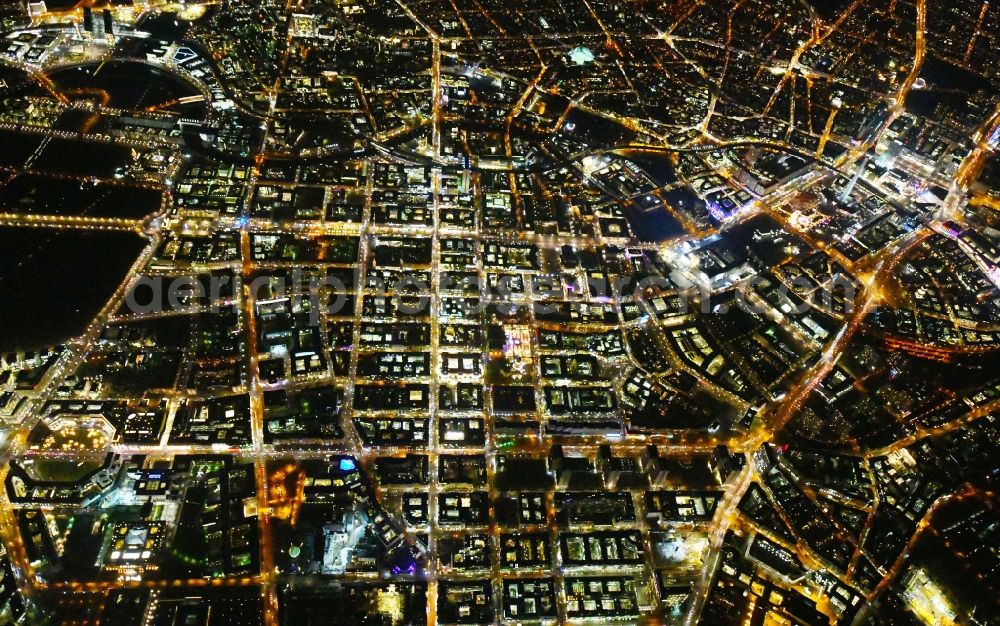 Aerial image at night Berlin - Night lighting The city center in the downtown area Unter den Linden Friedrichstrasse Leipziger Strasse - Alexanderplatz in the district Mitte in Berlin, Germany