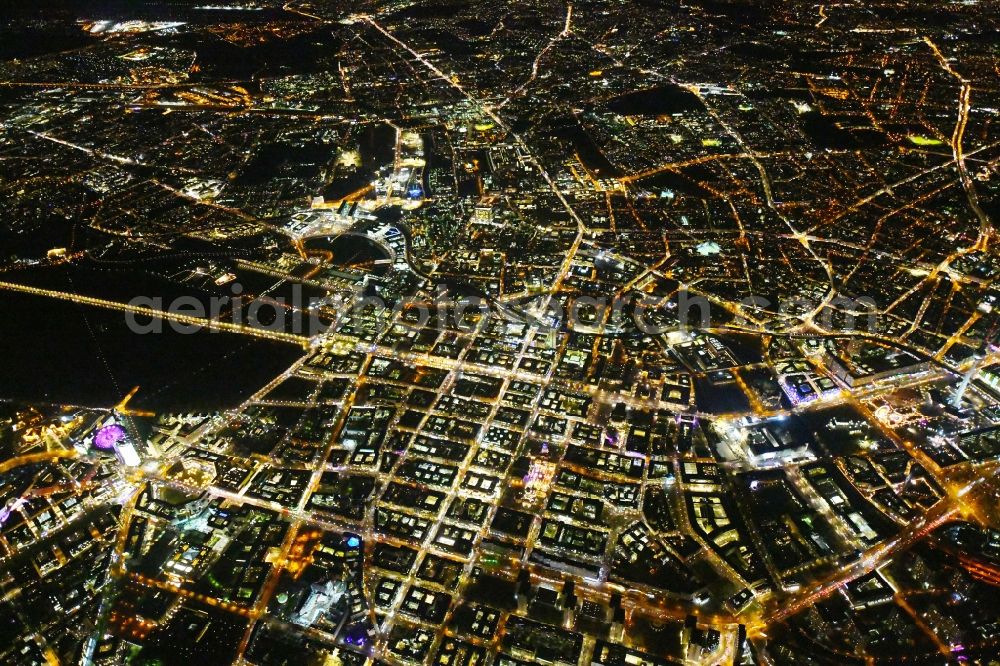 Berlin at night from above - Night lighting The city center in the downtown area Unter den Linden Friedrichstrasse Leipziger Strasse - Alexanderplatz in the district Mitte in Berlin, Germany