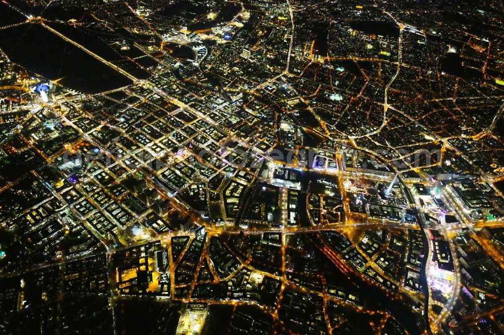 Berlin at night from the bird perspective: Night lighting The city center in the downtown area Unter den Linden Friedrichstrasse Leipziger Strasse - Alexanderplatz in the district Mitte in Berlin, Germany