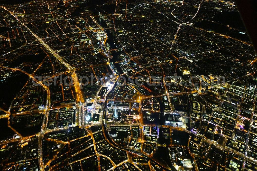 Berlin at night from above - Night lighting The city center in the downtown area Unter den Linden Friedrichstrasse Leipziger Strasse - Alexanderplatz in the district Mitte in Berlin, Germany