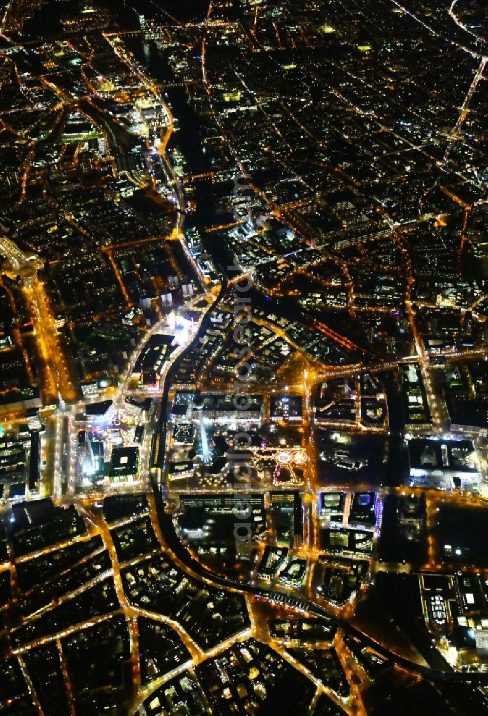 Aerial photograph at night Berlin - Night lighting The city center in the downtown area Unter den Linden Friedrichstrasse Leipziger Strasse - Alexanderplatz in the district Mitte in Berlin, Germany