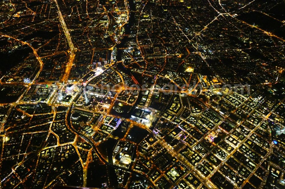 Aerial image at night Berlin - Night lighting The city center in the downtown area Unter den Linden Friedrichstrasse Leipziger Strasse - Alexanderplatz in the district Mitte in Berlin, Germany