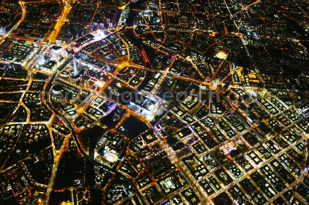 Berlin at night from above - Night lighting The city center in the downtown area Unter den Linden Friedrichstrasse Leipziger Strasse - Alexanderplatz in the district Mitte in Berlin, Germany