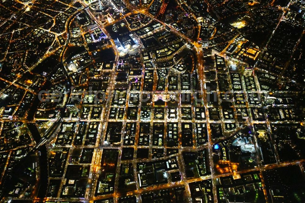 Aerial photograph at night Berlin - Night lighting The city center in the downtown area Unter den Linden Friedrichstrasse Leipziger Strasse - Alexanderplatz in the district Mitte in Berlin, Germany