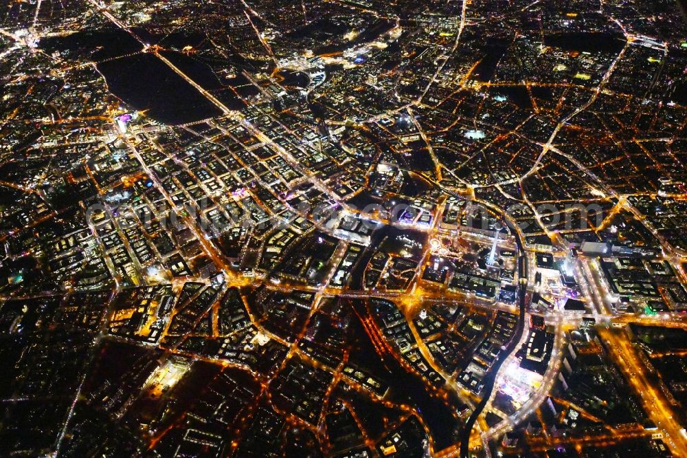 Aerial image at night Berlin - Night lighting The city center in the downtown area Unter den Linden Friedrichstrasse Leipziger Strasse - Alexanderplatz in the district Mitte in Berlin, Germany