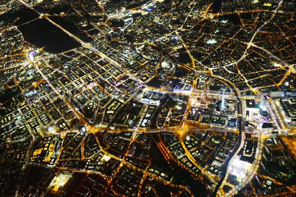 Berlin at night from above - Night lighting The city center in the downtown area Unter den Linden Friedrichstrasse Leipziger Strasse - Alexanderplatz in the district Mitte in Berlin, Germany